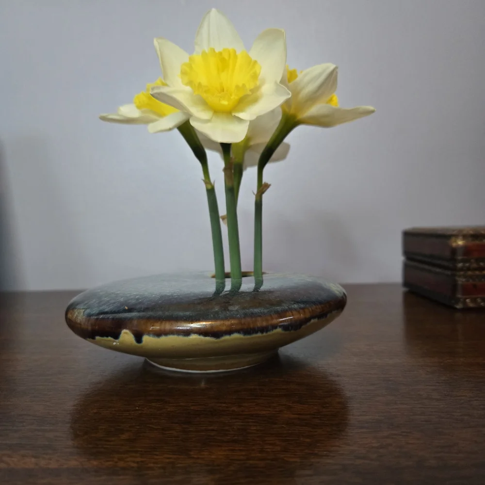 Vintage Ikebana Ceramic Blue Flower Frog Vase Handmade, Painted, Signed Gp 02